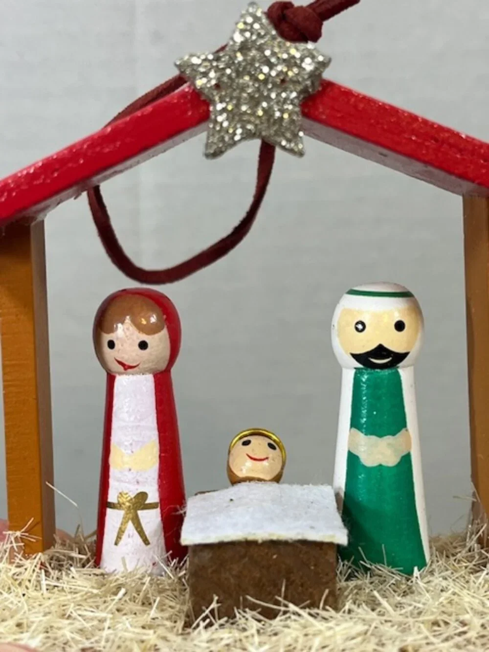 Mini Handmade Wooden Peg Nativity Manger Scene Christmas Ornament Star Decor3.5